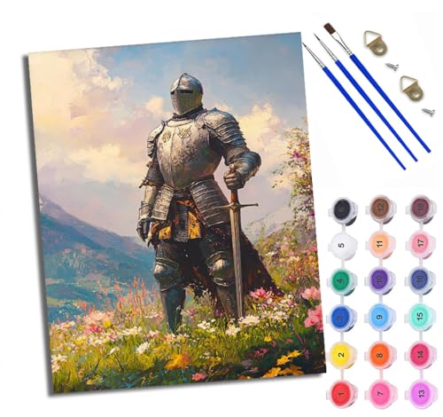 WXRWANG Malen Nach Zahlen ErwachseneSchwertschwingender Ritter zwischen Blumen DIY handgemaltes Ölgemälde Set für Anfänger und Erwachsene Acrylfarbe Kreative Heimdekoration Geschenk Weihnachten von WXRWANG