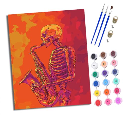 WXRWANG Malen Nach Zahlen ErwachseneSkelett spielt Saxophon DIY handgemaltes Ölgemälde Set für Anfänger und Erwachsene Acrylfarbe Heimdekoration Geschenk Weihnachten Mit Rahmen von WXRWANG
