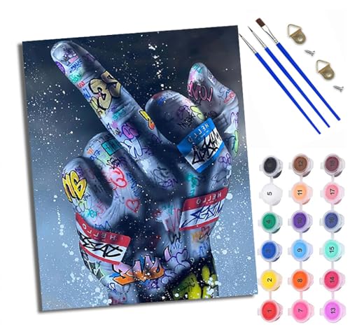 WXRWANG Malen Nach Zahlen Für Erwachsene Bunte Graffiti-Handgesten Malen Nach Zahlen Erwachsene Malen Nach Zahlen DIY Malen-Nach-Zahlen Kits Mit 3 Pinseln - 16 * 20 Zoll Mit Rahmen von WXRWANG