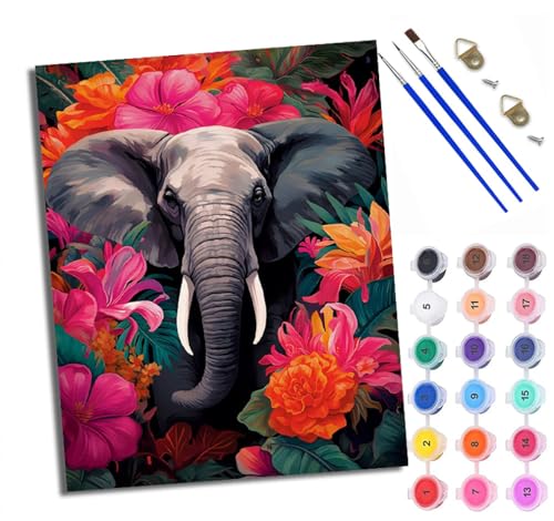 WXRWANG Malen Nach Zahlen Für Erwachsene Bunter Blumenelefant Malen Nach Zahlen Erwachsene Malen Nach Zahlen DIY Malen-Nach-Zahlen Kits Mit 3 Pinseln - 16 * 20 Zoll Mit Rahmen von WXRWANG
