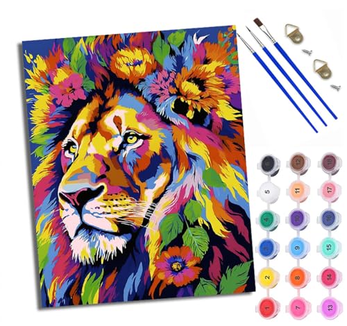 WXRWANG Malen Nach Zahlen Für Erwachsene Bunter Blumenlöwe Malen Nach Zahlen Erwachsene Malen Nach Zahlen DIY Malen-Nach-Zahlen Kits Mit 3 Pinseln - 16 * 20 Zoll Mit Rahmen von WXRWANG