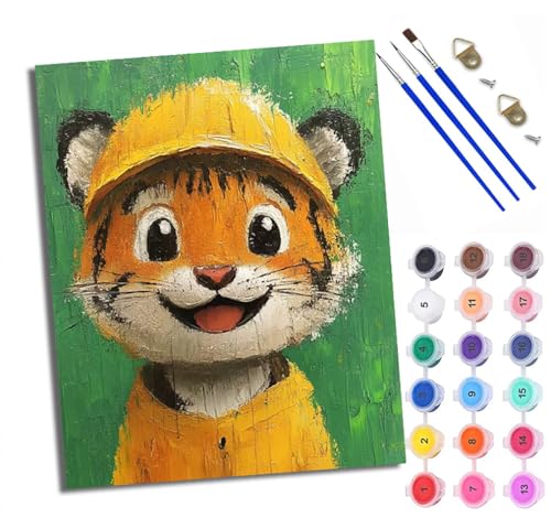 WXRWANG Malen Nach Zahlen Für Erwachsene Bunter glücklicher Tiger Malen Nach Zahlen Erwachsene Malen Nach Zahlen DIY Malen-Nach-Zahlen Kits Mit 3 Pinseln - 16 * 20 Zoll Mit Rahmen von WXRWANG