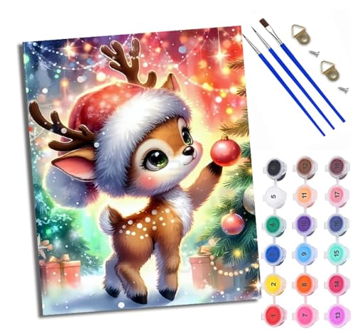 WXRWANG Malen Nach Zahlen Für Erwachsene Cartoon-Weihnachtshirsch Malen Nach Zahlen Erwachsene Malen Nach Zahlen DIY Malen-Nach-Zahlen Kits Mit 3 Pinseln - 16 * 20 Zoll Mit Rahmen von WXRWANG