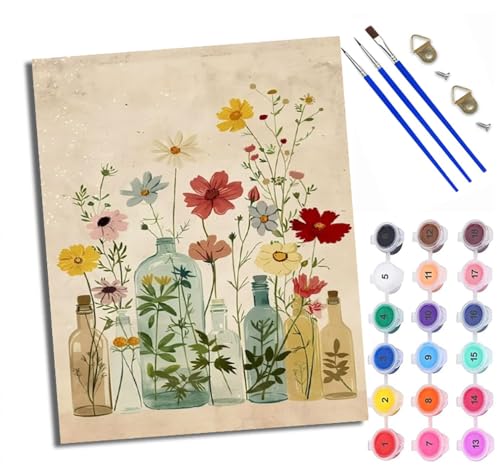 WXRWANG Malen Nach Zahlen Für Erwachsene Einfache Vasenblumen Malen Nach Zahlen Erwachsene Malen Nach Zahlen DIY Malen-Nach-Zahlen Kits Rahmenlose Leinwand Mit 3 Pinseln - 16 * 20 Zoll von WXRWANG