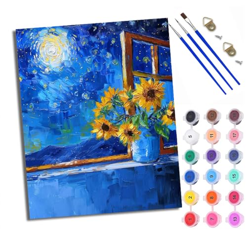 WXRWANG Malen Nach Zahlen Für Erwachsene Farbige Sonnenblumen im Mondlicht Malen Nach Zahlen Erwachsene Malen Nach Zahlen DIY Malen-Nach-Zahlen Kits Mit 3 Pinseln - 16 * 20 Zoll Mit Rahmen von WXRWANG