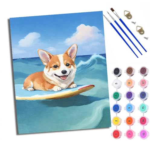 WXRWANG Malen Nach Zahlen Für Erwachsene Fröhlicher Surf-Corgi Malen Nach Zahlen Erwachsene Malen Nach Zahlen DIY Malen-Nach-Zahlen Kits Mit 3 Pinseln - 16 * 20 Zoll Mit Rahmen von WXRWANG