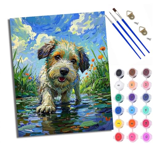 WXRWANG Malen Nach Zahlen Für Erwachsene Grass Creek Welpe Malen Nach Zahlen Erwachsene Malen Nach Zahlen DIY Malen-Nach-Zahlen Kits Mit 3 Pinseln - 16 * 20 Zoll Mit Rahmen von WXRWANG