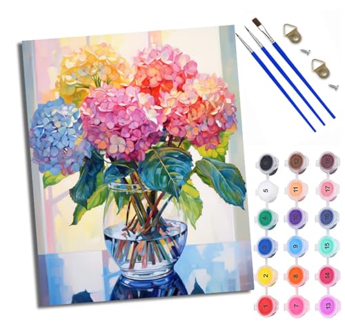 WXRWANG Malen Nach Zahlen Für Erwachsene Hortensie in der Vase Malen Nach Zahlen Erwachsene Malen Nach Zahlen DIY Malen-Nach-Zahlen Kits Rahmenlose Leinwand Mit 3 Pinseln - 16 * 20 Zoll von WXRWANG