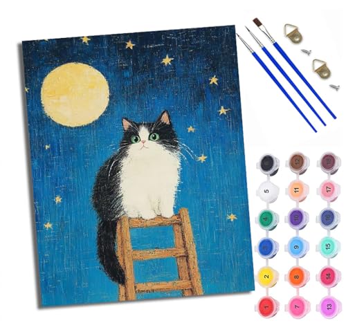WXRWANG Malen Nach Zahlen Für Erwachsene Katze auf der Leiter Malen Nach Zahlen Erwachsene Malen Nach Zahlen DIY Malen-Nach-Zahlen Kits Rahmenlose Leinwand Mit 3 Pinseln - 16 * 20 Zoll von WXRWANG