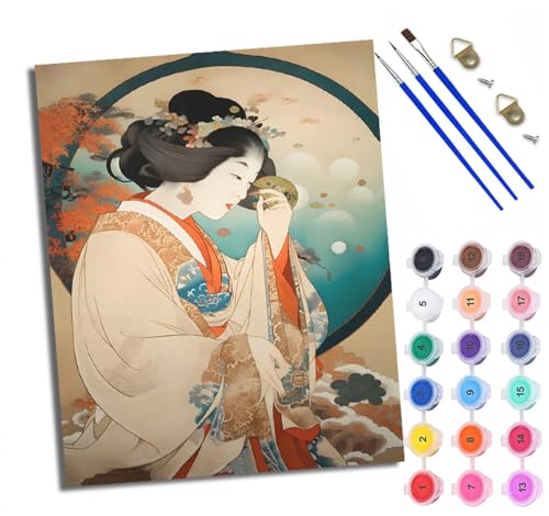 WXRWANG Malen Nach Zahlen Für Erwachsene Kimono Mädchen Japanisch Malen Nach Zahlen Erwachsene Malen Nach Zahlen DIY Malen-Nach-Zahlen Kits Mit 3 Pinseln - 16 * 20 Zoll Mit Rahmen von WXRWANG