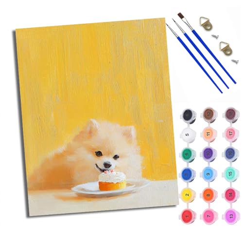WXRWANG Malen Nach Zahlen Für Erwachsene Pomeranian Welpenkuchen Malen Nach Zahlen Erwachsene Malen Nach Zahlen DIY Malen-Nach-Zahlen Kits Mit 3 Pinseln - 16 * 20 Zoll Mit Rahmen von WXRWANG