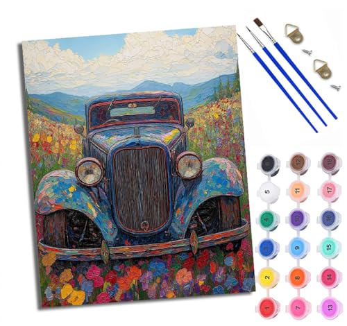 WXRWANG Malen Nach Zahlen Für Erwachsene Retro-Auto im Blumenmeer Malen Nach Zahlen Erwachsene Malen Nach Zahlen DIY Malen-Nach-Zahlen Kits Mit 3 Pinseln - 16 * 20 Zoll Mit Rahmen von WXRWANG