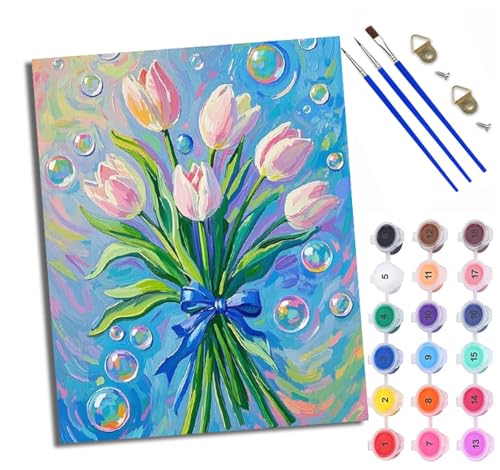 WXRWANG Malen Nach Zahlen Für Erwachsene Rosa Tulpenblasen Malen Nach Zahlen Erwachsene Malen Nach Zahlen DIY Malen-Nach-Zahlen Kits Mit 3 Pinseln - 16 * 20 Zoll Mit Rahmen von WXRWANG