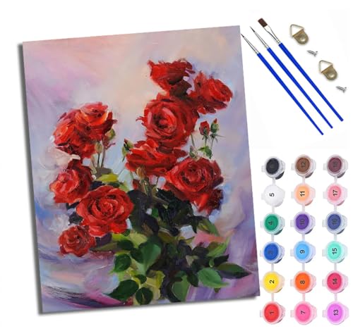 WXRWANG Malen Nach Zahlen Für Erwachsene Rote Rose Malen Nach Zahlen Erwachsene Malen Nach Zahlen DIY Malen-Nach-Zahlen Kits Mit 3 Pinseln - 16 * 20 Zoll Mit Rahmen von WXRWANG