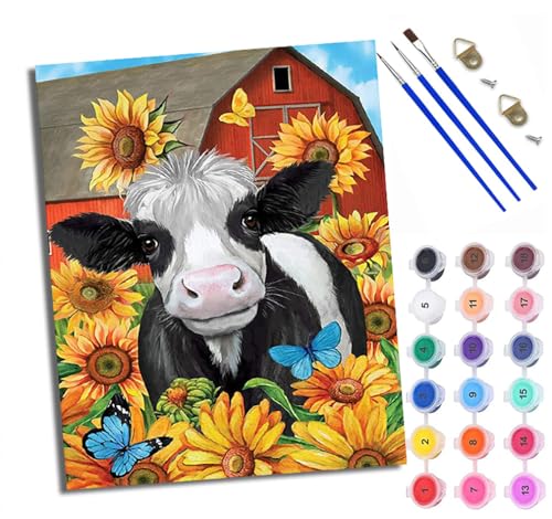 WXRWANG Malen Nach Zahlen Für Erwachsene Schmetterling Sonnenblume Kuh Malen Nach Zahlen Erwachsene Malen Nach Zahlen DIY Malen-Nach-Zahlen Kits Mit 3 Pinseln - 16 * 20 Zoll Mit Rahmen von WXRWANG