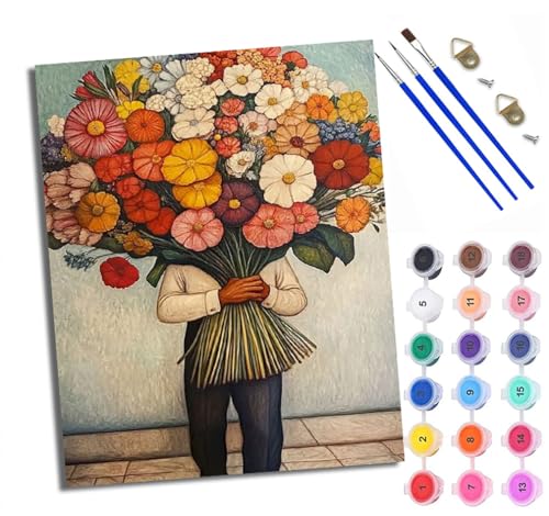 WXRWANG Malen Nach Zahlen Für Erwachsene Schöne Frau mit einem Blumenstrauß Malen Nach Zahlen Erwachsene Malen Nach Zahlen DIY Malen-Nach-Zahlen Kits Mit 3 Pinseln - 16 * 20 Zoll Mit Rahmen von WXRWANG