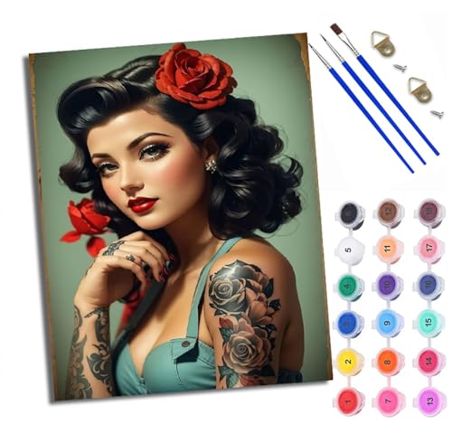 WXRWANG Malen Nach Zahlen Für Erwachsene Schönes Mädchen mit Blumentattoo Malen Nach Zahlen Erwachsene Malen Nach Zahlen DIY Malen-Nach-Zahlen Kits Mit 3 Pinseln - 16 * 20 Zoll Mit Rahmen von WXRWANG