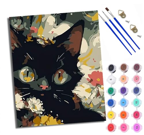 WXRWANG Malen Nach Zahlen Für Erwachsene Schwarze Katze schmiegt sich in die Blumen Malen Nach Zahlen Erwachsene Malen Nach Zahlen DIY Malen-Nach-Zahlen Kits Mit 3 Pinseln - 16 * 20 Zoll Mit Rahmen von WXRWANG