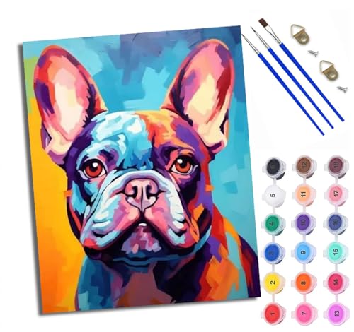 WXRWANG Malen Nach Zahlen Für Erwachsene Süße französische Bulldogge Malen Nach Zahlen Erwachsene Malen Nach Zahlen DIY Malen-Nach-Zahlen Kits Mit 3 Pinseln - 16 * 20 Zoll Mit Rahmen von WXRWANG