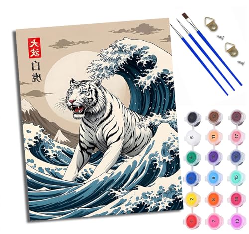 WXRWANG Malen Nach Zahlen Für Erwachsene Welle weißer Tiger im japanischen Stil Malen Nach Zahlen Erwachsene Malen Nach Zahlen DIY Malen-Nach-Zahlen Kits Mit 3 Pinseln - 16 * 20 Zoll Mit Rahmen von WXRWANG