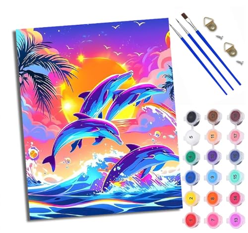 WXRWANG Malen Nach Zahlen Für Erwachsene Wunderschöne Delfine springen Malen Nach Zahlen Erwachsene Malen Nach Zahlen DIY Malen-Nach-Zahlen Kits Mit 3 Pinseln - 16 * 20 Zoll Mit Rahmen von WXRWANG