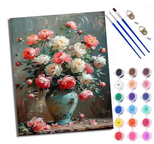WXRWANG Malen nach Zahlen Erwachsene Malsets für Erwachsene mit PinselnBunte Blumen in der Vase Malen nach Zahlen auf Leinwand Acryl Pigment Kunsthandwerk 40 x 50 cm(rahmenlos) von WXRWANG