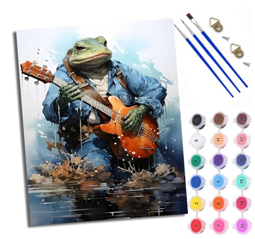WXRWANG Malen nach Zahlen Erwachsene Malsets für Erwachsene mit PinselnFrosch spielt Gitarre Malen nach Zahlen auf Leinwand Acryl Pigment Kunsthandwerk 40 x 50 cm(rahmenlos) von WXRWANG