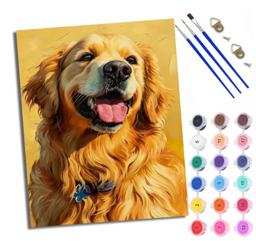 WXRWANG Malen nach Zahlen Erwachsene Malsets für Erwachsene mit PinselnGlücklicher Golden Retriever Malen nach Zahlen auf Leinwand Acryl Pigment Kunsthandwerk 40 x 50 cm(rahmenlos) von WXRWANG
