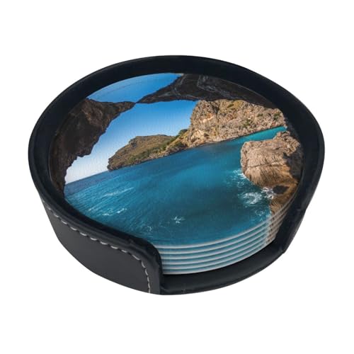 Arch In Mallorca Spanien Print Set mit 6 runden Leder-Untersetzern, eleganter Tischschutz für Zuhause und Büro von WXWJSHMGC