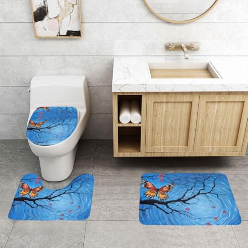 WXWJSHMGC Art Blue Libellen-Druck, 3-teilig, super plüschig, rutschfest, Badematten-Set, WC-Vorleger, Teppiche von WXWJSHMGC