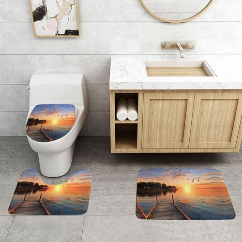 WXWJSHMGC Badematten-Set, Motiv: See unter Sonnenuntergang, 3-teilig, super plüschig, rutschfest, WC-Vorleger von WXWJSHMGC