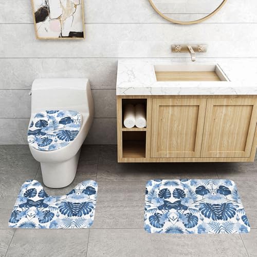 WXWJSHMGC Badematten-Set, Motiv: blaue Blume, tropischer Druck, 3-teilig, super plüschig, rutschfest, WC-Vorleger von WXWJSHMGC