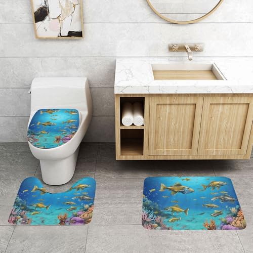 WXWJSHMGC Badematten-Set, Unterwasserfisch-Druck, 3-teilig, super plüschig, rutschfest, WC-Vorleger von WXWJSHMGC