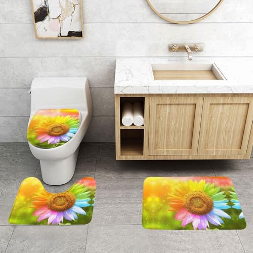 WXWJSHMGC Badematten-Set, buntes Sonnenblumen-Motiv, 3-teilig, super plüschig, rutschfest, WC-Vorleger von WXWJSHMGC