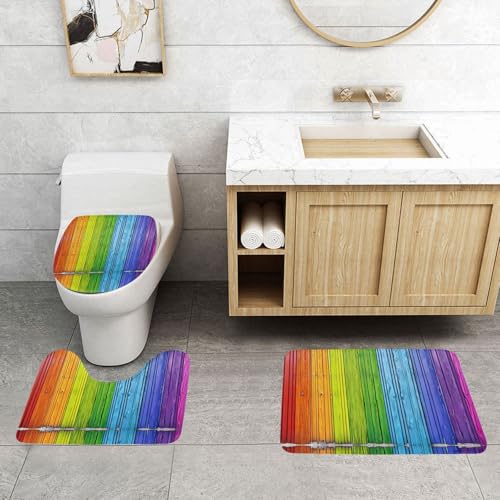 WXWJSHMGC Badematten-Set, regenbogenfarbener Holzhintergrund, 3-teilig, super plüschig, rutschfest, WC-Vorleger von WXWJSHMGC
