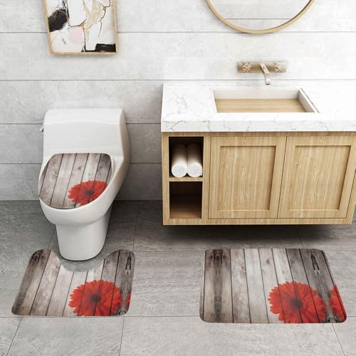 WXWJSHMGC Badematten-Set aus Holz, mit rotem Blumendruck, 3-teilig, super plüschig, rutschfest, WC-Vorleger von WXWJSHMGC
