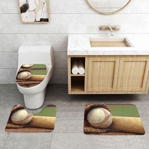WXWJSHMGC Badematten-Set mit Baseball-Druck, 3-teilig, super Plüsch, rutschfest, WC-Vorleger von WXWJSHMGC