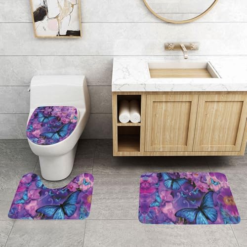 WXWJSHMGC Badematten-Set mit Blumen- und Schmetterlings-Aufdruck, 3-teilig, super plüschig, rutschfest, WC-Vorleger von WXWJSHMGC