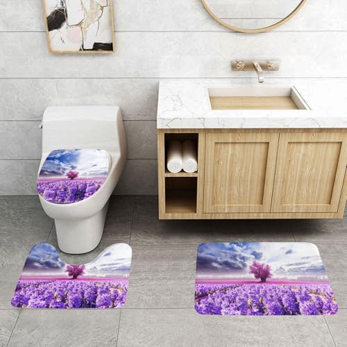WXWJSHMGC Badematten-Set mit Lavendelblumen-Druck, 3-teilig, super plüschig, rutschfest, WC-Vorleger von WXWJSHMGC
