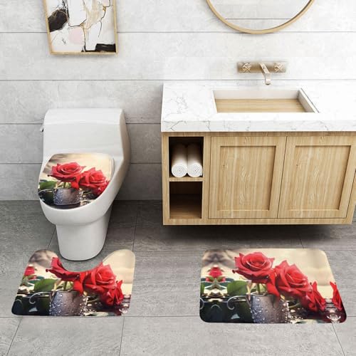 WXWJSHMGC Badematten-Set mit roten Rosen und Blumen, 3-teilig, super plüschig, rutschfest, WC-Vorleger von WXWJSHMGC