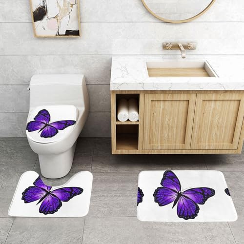 WXWJSHMGC Badematten-Set mit violettem Schmetterlings-Aufdruck, 3-teilig, super plüschig, rutschfest, WC-Vorleger von WXWJSHMGC