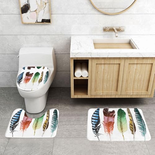 WXWJSHMGC Bunte handgezeichnete Federn auf weißem Druck, 3-teilig, super plüschig, rutschfest, Badematten-Set, WC-Vorleger, Teppiche von WXWJSHMGC