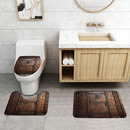 WXWJSHMGC Rustikaler Holztürdruck, 3-teilig, super plüschig, rutschfest, Badematten-Set, WC-Vorleger, Teppiche von WXWJSHMGC