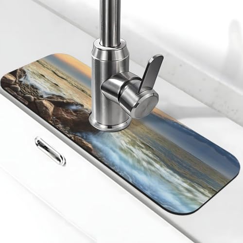 WXWJSHMGC Spritzschutz für Küchenspüle, Motiv: Rocky Wave Sonnenuntergang, saugfähige Abtropfmatte, für Küchenarmaturen, Arbeitsplatten von WXWJSHMGC
