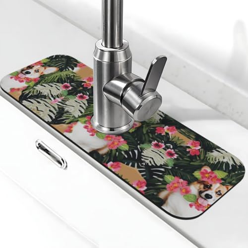 WXWJSHMGC Spritzschutz für Küchenspüle, tropische Blumen und Corgi-Druck, saugfähige Abtropfmatte, für Küchenarmaturen, Arbeitsplatten von WXWJSHMGC