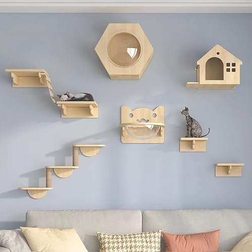 WXXSHGDW Katzenmöbel Wand, 9 PCS Cat Wall Climbing Set, Katzen Wand Klettern, mit 4 Sprungplattformen, 1 Weicher Leiter, 2 Raumkapseln, 1 Katzenhaus, 1 Dreistufiger Leiter von WXXSHGDW