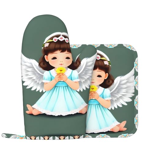 Niedliche kleine Engel Ofenhandschuhe und Topflappen-Sets Küche Ofenhandschuhe mit rutschfester Silikonoberfläche zum Kochen geeignet von WXXWXD