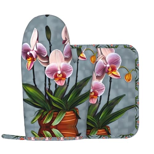 Ofenhandschuhe und Topflappen, Motiv: blühende Orchideen, Küchenhandschuhe mit rutschfester Silikonoberfläche, geeignet zum Kochen Ofenhandschuhe und Topflappen, Motiv: blühende Orchideen, Küchenhandschuhe mit rutschfester Silikonoberfläche, geeignet zum Kochen von WXXWXD