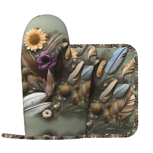 Ofenhandschuhe und Topflappen-Sets mit Federblumen, Küchenhandschuhe mit rutschfester Silikonoberfläche, geeignet zum Kochen von WXXWXD