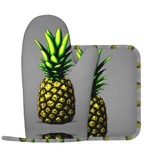 Ofenhandschuhe und Topflappen mit Cartoon-Ananas-Design, Küchenhandschuhe mit rutschfester Silikonoberfläche, geeignet zum Kochen von WXXWXD